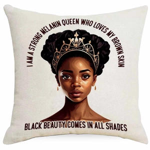 Linen pillowcase featuring an African girl in a golden crown with inspirational text