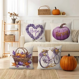 Set of 4 lavender harvest pillow covers with pumpkin and bike designs for home sofa