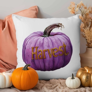 White Thanksgiving pillow cover featuring purple Harvest pumpkin and fall home decor
