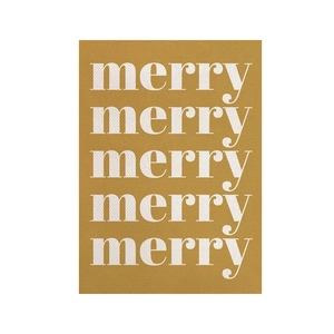 Close-up of mustard yellow Christmas banner showing detailed linen canvas texture and merry text