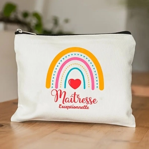 Detail of canvas teacher gift bag featuring rainbow print and Maîtresse Exceptionnelle text