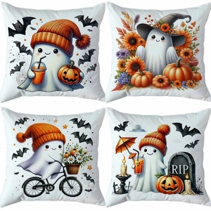 Set of 4 Halloween throw pillow covers featuring ghost, pumpkin, and bat illustrations