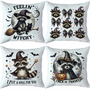 Detailed view of four Halloween pillow covers with raccoon and pumpkin patterns