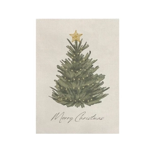 Detail of a Merry Christmas wall tapestry with watercolor green tree and soft warm lights
