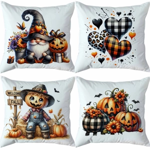 Close-up of four Halloween pillow covers with pumpkin, ghost, and welcome fall motifs