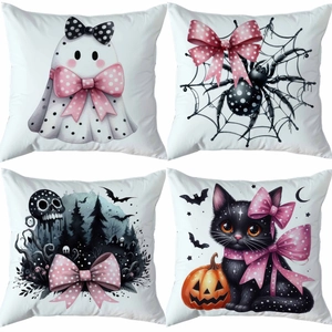 Set of four Halloween pillow covers featuring ghost, spider, and black cat designs
