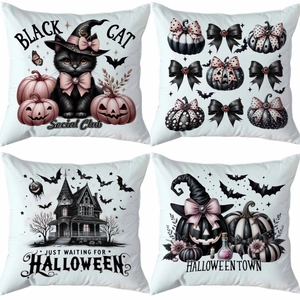 Set of four Halloween pillow covers with ghost, pumpkin, black cat, and haunted house designs