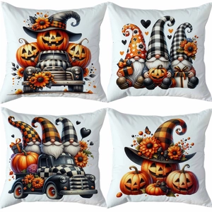 Detailed view of 4-pack Halloween pillow covers with pumpkin gnomes and vintage truck motifs