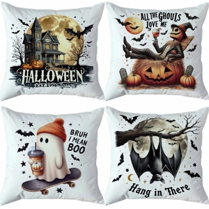 Set of four Halloween pillow covers with ghost, pumpkin, castle and bat illustrations