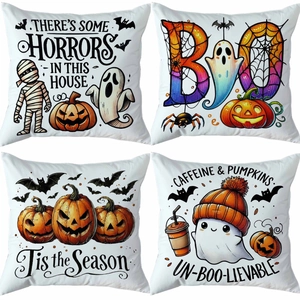 Set of four Halloween pillow covers with ghosts and pumpkin prints on white fabric