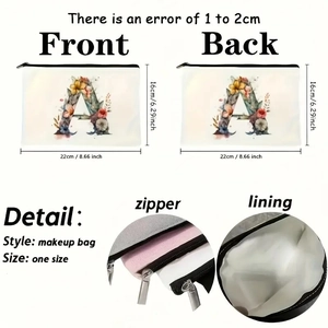 Detailed dimensions of white floral letter A cosmetic bag with 22x16cm size markings