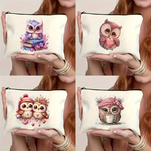 Minimalist owl print canvas makeup bag with black zipper in four stylish designs