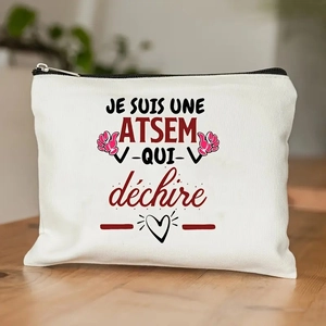 Linnen make-up tasje cadeau voor Franse ATSEM met print en zwarte ritssluiting