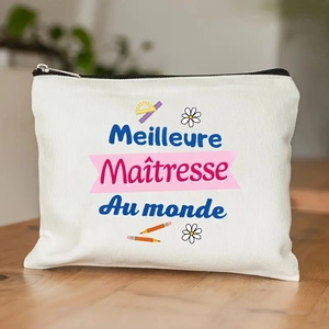 Linnen make-uptasje met Franse lerarenquote en illustraties van kantoorspullen