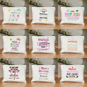 Linnen Franse Docent Waardering Make-up Tas Merci Maîtresse Print Cosmetische Pochet Dag van de Leraar Afstudeer Cadeau Opbergtas