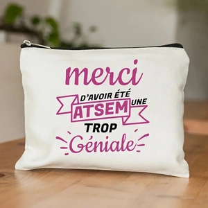 Linnen toilettas met Franse tekst Merci D'avoir été Une Atsem Trop Géniale bedrukking