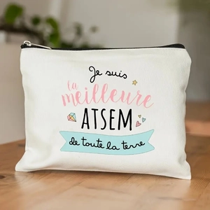 Witte linnen make-uptas met de Franse tekst Je suis la meilleure ATSEM cadeauzakje