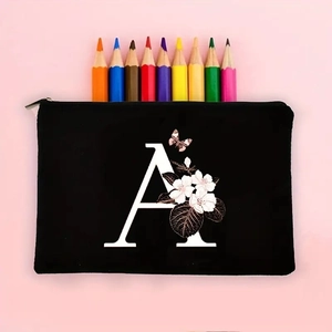 Floral letter A black canvas zipper pencil case and portable makeup storage bag