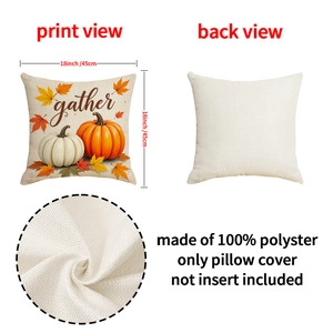 Detail of 18x18 inch pumpkin maple leaf pillow case with gather text and fabric texture
