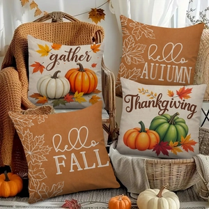 Set of 4 autumn pumpkin maple leaf pillow covers with Thanksgiving letter prints