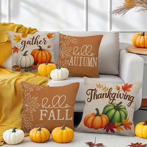 Autumn Thanksgiving pillow covers set with pumpkins, maple leaves and seasonal greetings