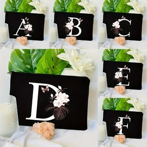 Black Floral Letter Print Makeup Bag For Women Personalized Alphabet Toiletry Pouch Canvas Cosmetic Case Daily Travel Storage Bag