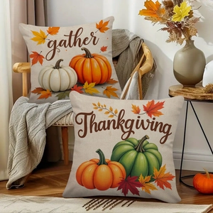 Linen autumn pumpkin pillow covers with maple leaf and Gather text for home decor