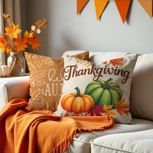 Set of 2 autumn pumpkin and maple leaf throw pillow covers for Thanksgiving home decor