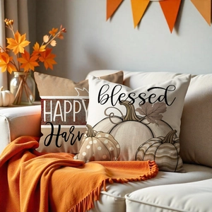 Fall decorative pillow covers with pumpkin maple leaves and blessed harvest text for home sofa