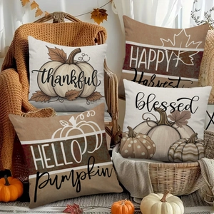 Set of 4 autumn Thanksgiving throw pillow covers with pumpkin and maple leaf patterns