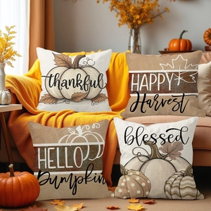 Thanksgiving Fall Decorative Linen Pillow Covers Autumn Pumpkin Maple Leaf Blessed Thankful Print Cushion Case For Home Decor