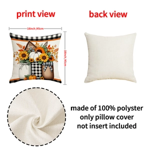 Detailed views of pumpkin truck linen pillow cover with fabric texture and size specs