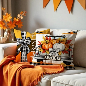 Set of 2 fall throw pillow covers featuring buffalo plaid bow and vintage pumpkin truck art
