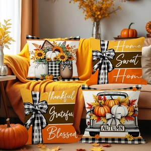 Set of 4 autumn linen pillow covers with pumpkin, truck, and sunflower festive designs