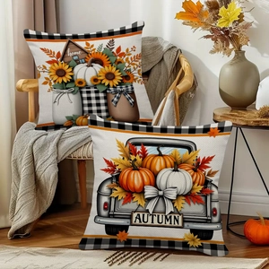 Autumn linen pillow covers featuring pumpkins sunflowers and vintage truck for home decor