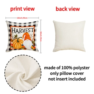 Detail view of 18x18 inch polyester pillow cover with harvest pumpkin and gnome print
