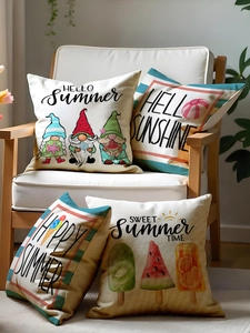 Set of four summer cushion covers with gnome and ice cream prints on linen fabric