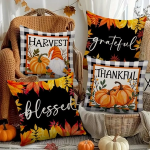 Set of 4 fall Thanksgiving throw pillow covers with pumpkins and gnomes patterns
