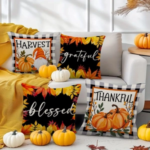 Set of 4 fall pumpkin maple leaf pillow covers for Thanksgiving sofa decoration