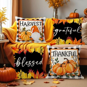 Linen Thanksgiving Pumpkin Maple Leaf Pillowcase Harvest Gnome Decorative Throw Pillow Case For Sofa Home Living Room Autumn Decor