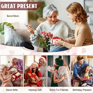 Detail showing Christmas elf pattern linen pouch used as a gift box with red ribbon bow