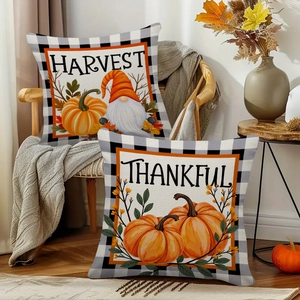 Set of 2 Thanksgiving pumpkin gnome pillow covers with Harvest and Thankful text on linen