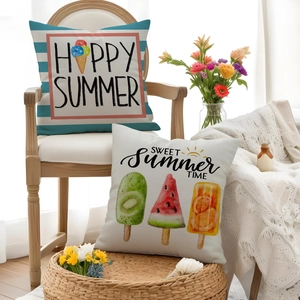 Linen summer pillow covers featuring Happy Summer gnomes and popsicles on wooden chair
