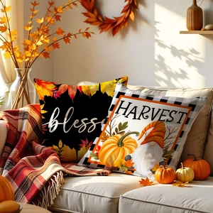 Set of 2 autumn Thanksgiving pillow covers with pumpkin and maple leaf harvest designs