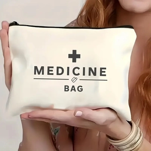 Portable white canvas medicine bag with black zipper and minimalist cross icon print