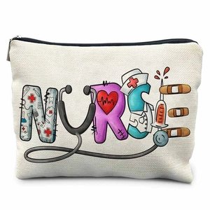 Detailed macro view of cream canvas nurse makeup bag with colorful medical themed illustrations