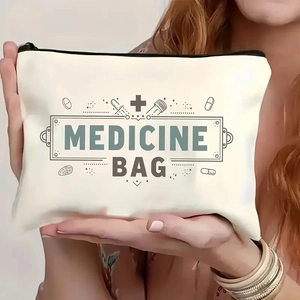 Portable cream canvas medicine bag with zipper and green medical icons for travel