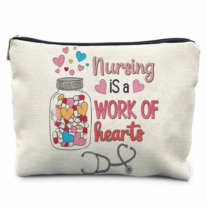 Nurse themed canvas makeup bag with heart illustration and Nursing is a work of hearts print