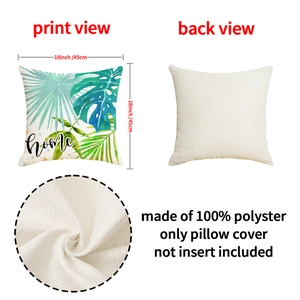 Detail view of 18x18 inch tropical palm leaf pillow cover made of 100% polyester fabric