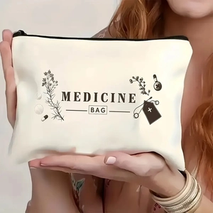 Portable white canvas medicine bag for travel with zipper and medical illustrations